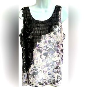 Kensie Sheer Sleeveless Top with Asymmetrical Black Fringe